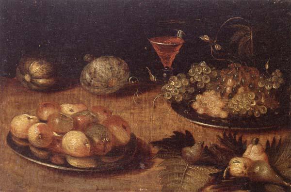 unknow artist Still life of Grapes and apples on pewter plates,figs,melons and a wine glass Norge oil painting art